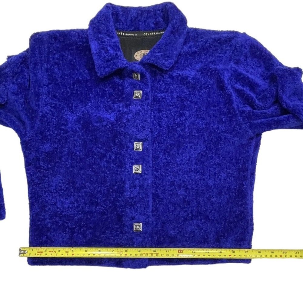 COUNTY CLOTHING‎ Cropped Fleece Jacket Women's Small Blue/Purple Artsy Buttons - Picture 12 of 15